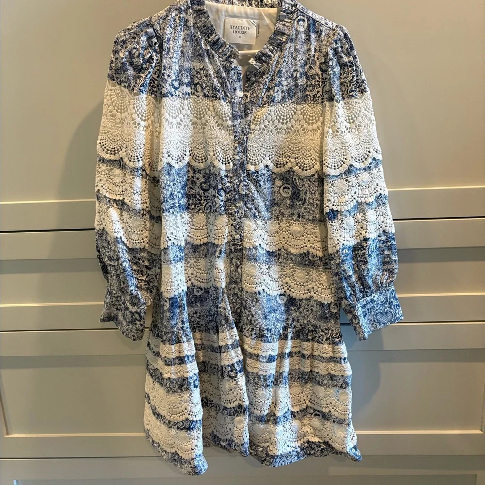 Tuckernuck Hyacinth House Chic Blue and White Lace Long Sleeve Dress M - Picture 2 of 4